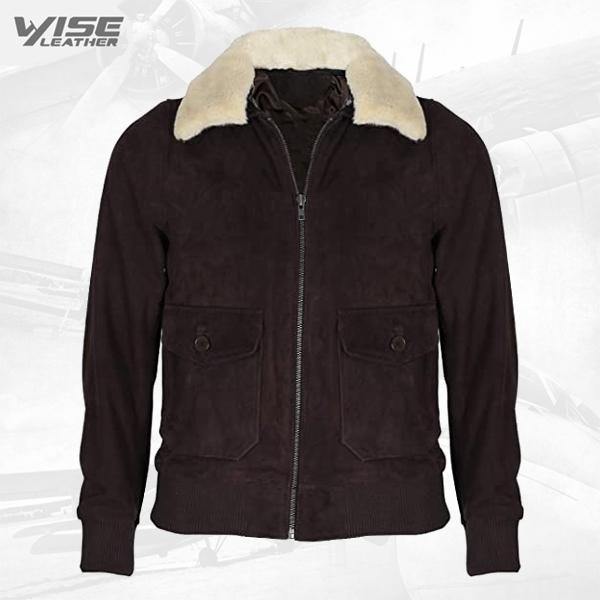 Men's Brown Flight Bomber Leather Suede Jacket with Removable Shearling Collar - Wiseleather