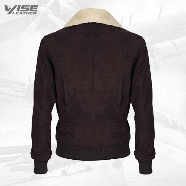 Men's Brown Flight Bomber Leather Suede Jacket with Removable Shearling Collar - Wiseleather