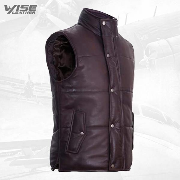 Men's Brown Leather Puffer Padded Vest Waistcoat - Wiseleather