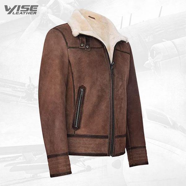 Men's Brown RAF B3 Pilot Real Sheepskin Shearling Biker Leather Jacket - Wiseleather