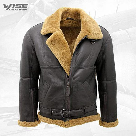 Men’s Brown RAF Real Shearling Sheepskin Flying Leather Jacket with Ginger Fur - Wiseleather