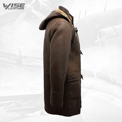 Men's Brown Sheepskin Leather Detachable Hood Duffle Coat