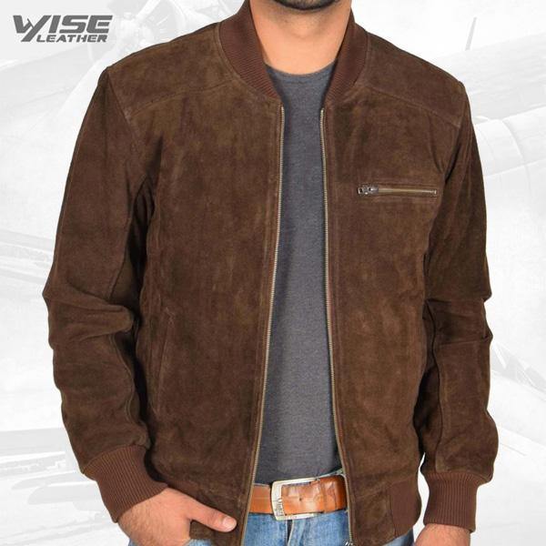 Men's Brown Suede Leather Bomber Jacket - Wiseleather
