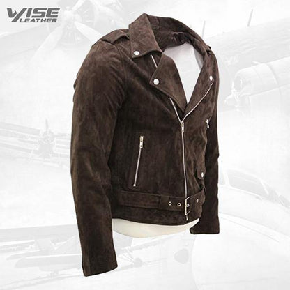 Men's Classic Brando Casual Tan Suede Leather Biker Jacket - Wiseleather