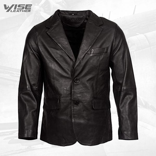 Men's Classic Tailored 2 Button Black Blazer Soft 100% Lamb Leather Jacket
