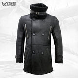 Men’s Double Breasted Warm Real Sheepksin Black Leather Reefer Coat