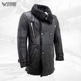 Men’s Double Breasted Warm Real Sheepksin Black Leather Reefer Coat