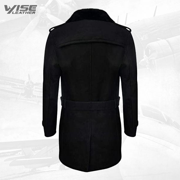 Men's German Military Double Breasted Real Sheepskin Suede Leather Pea Coat