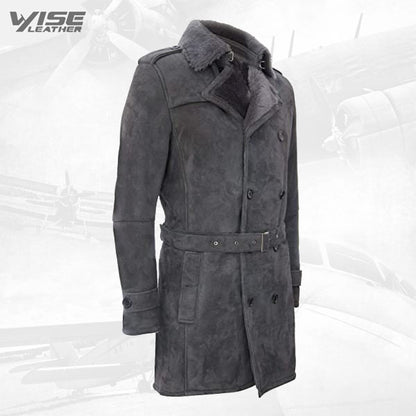 Men's Grey German Military Double Breasted Real Sheepskin Suede Leather Pea Coat