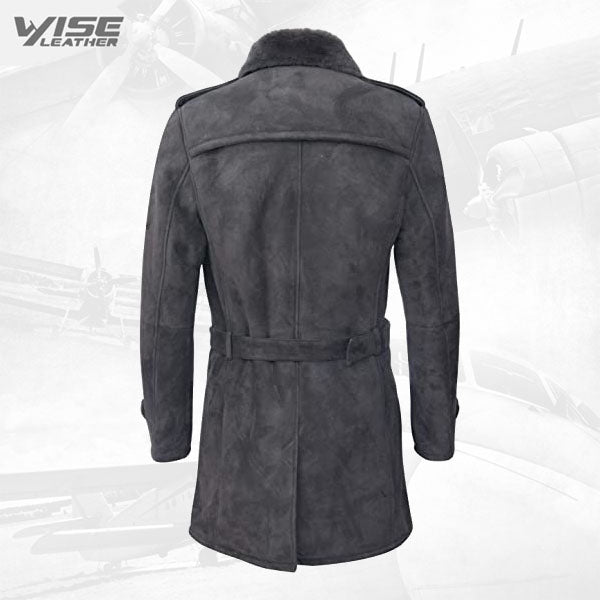 Men's Grey German Military Double Breasted Real Sheepskin Suede Leather Pea Coat