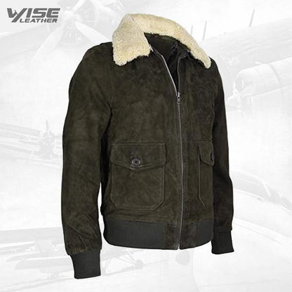 Men's Green Flight Bomber Leather Suede Jacket with Removable Shearling Collar - Wiseleather