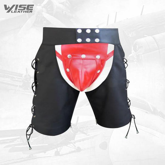 Leather Men's Chaps Shorts with Lace-Up Sides - Biker Shorts