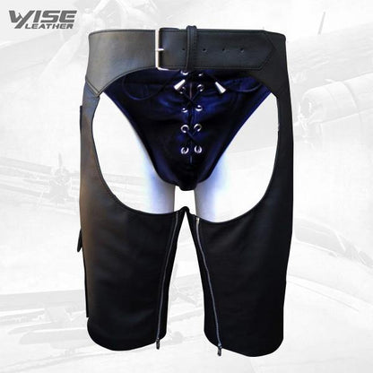 Men's Leather Chaps Shorts With Side Pocket and Front of Buckle - Wiseleather