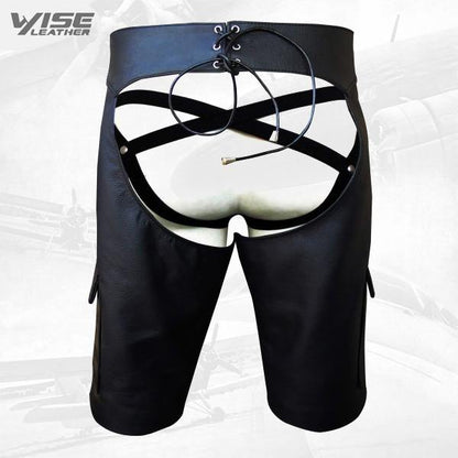 Men's Leather Chaps Shorts With Side Pocket and Front of Buckle - Wiseleather