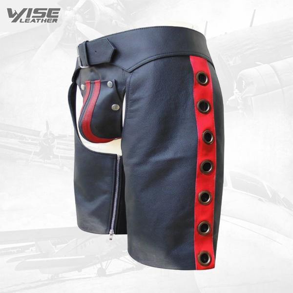 Men's Leather Chaps Shorts with Colour Stripe and Eyelets on the Side - Wiseleather