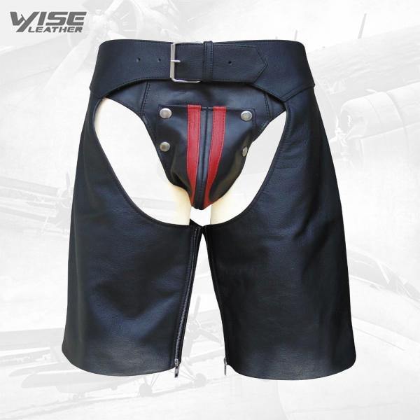 Men's Leather Chaps Shorts with Colour Stripe and Eyelets on the Side - Wiseleather