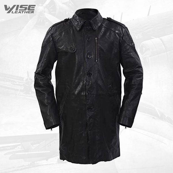 Men’s Long Military Soft Distressed Black Leather Trench Coat