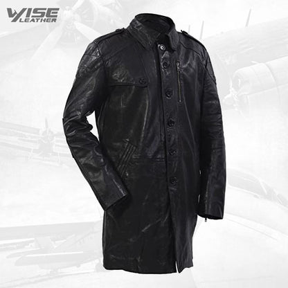 Men’s Long Military Soft Distressed Black Leather Trench Coat