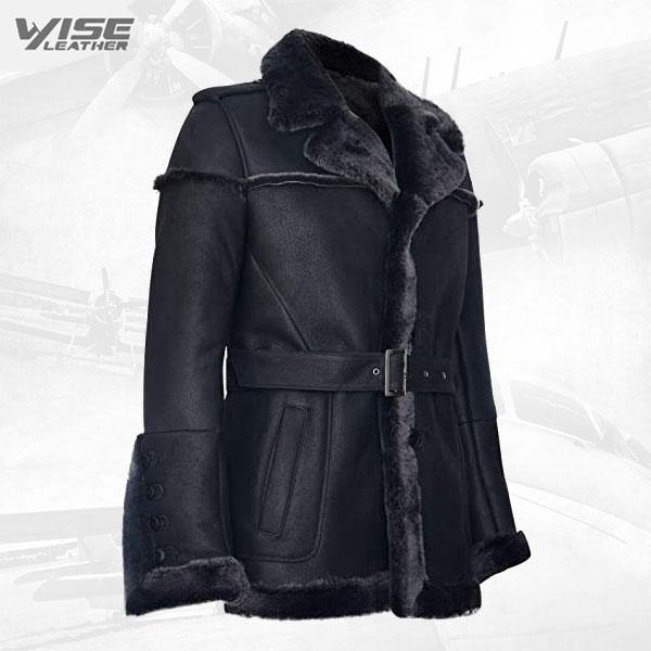 Men's Merino Black Snowtip Real Sheepskin Suede Leather Jacket with Tie Belt - Wiseleather