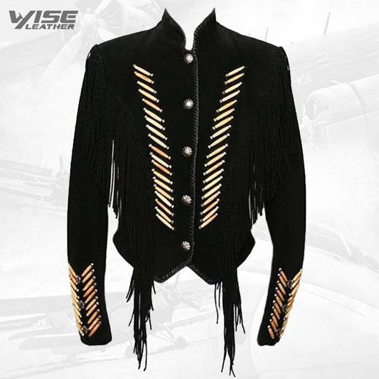 Men’s Native American Black Cow Suede Leather Fringes Boness Jacket - Wiseleather