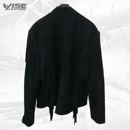 Men’s Native American Black Cow Suede Leather Fringes Boness Jacket - Wiseleather