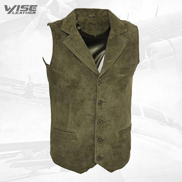 Men’s Smooth Goat Suede Classic Smart Khaki Leather Waistcoat - Wiseleather