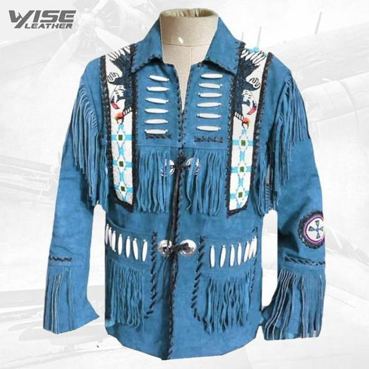 Men’s Suede Leather Western Cowboy Fringe Bones Beads Coat Jackets - Wiseleather