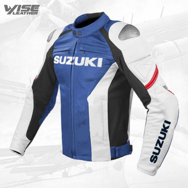 Men's Suzuki GSXR Blue White Leather Motorcycle MotoGP Racing Jacket