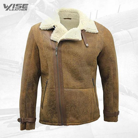 Tan Double-Breasted Sheepskin Biker Jacket for Men