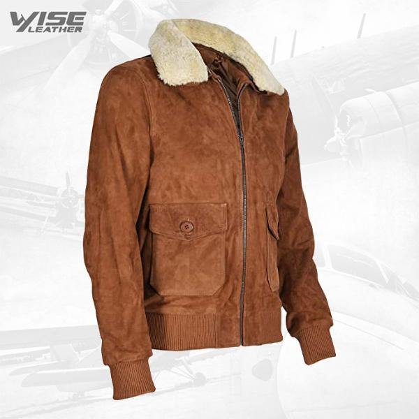 Men's Tan Flight Bomber Leather Suede Jacket with Removable Shearling Collar - Wiseleather