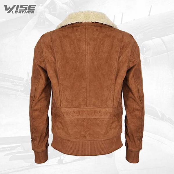 Men's Tan Flight Bomber Leather Suede Jacket with Removable Shearling Collar - Wiseleather