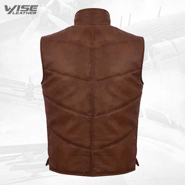 Men's Tan Leather Puffer Padded Vest Waistcoat - Wiseleather