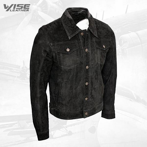 Men's Trucker Casual Black Goat Black Suede Leather Shirt Jeans Jacket - Wiseleather