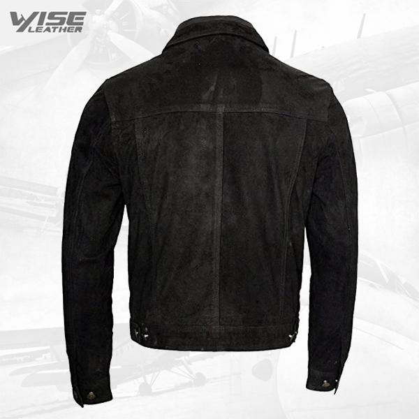 Men's Trucker Casual Black Goat Black Suede Leather Shirt Jeans Jacket - Wiseleather