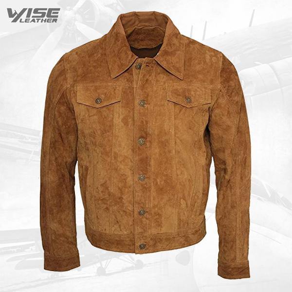 Men's Trucker Casual Tan Goat Brown Suede Leather Shirt Jeans Jacket - Wiseleather