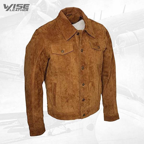 Men's Trucker Casual Tan Goat Brown Suede Leather Shirt Jeans Jacket - Wiseleather