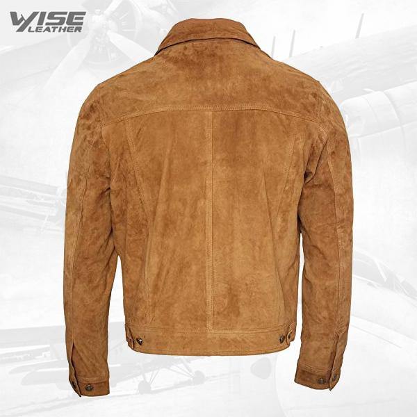 Men's Trucker Casual Tan Goat Brown Suede Leather Shirt Jeans Jacket - Wiseleather