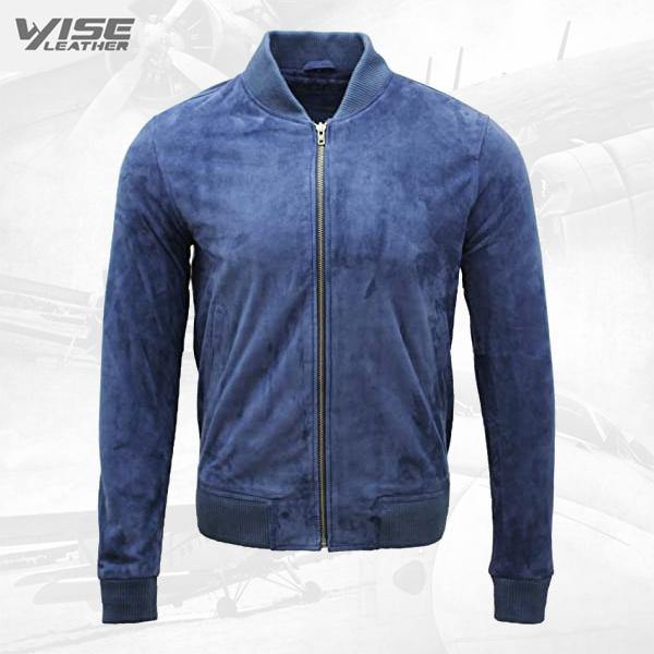 Men's Varsity Blue Leather Suede Bomber Jacket - Wiseleather