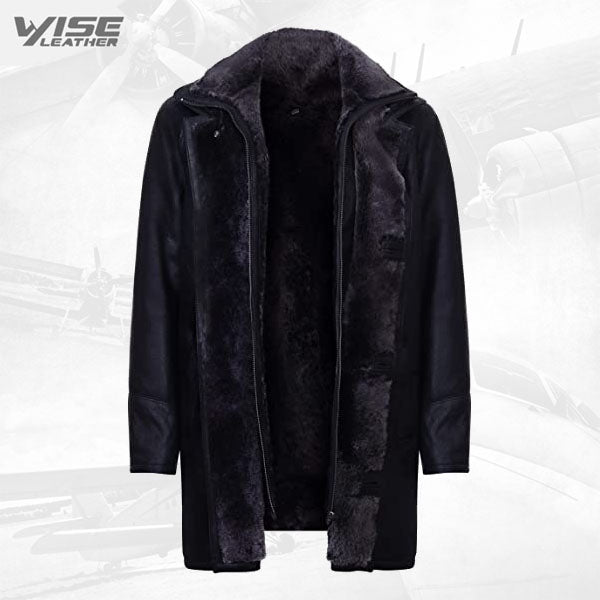 Men's Warm Black Nappa Leather Shearling Sheepskin Coat