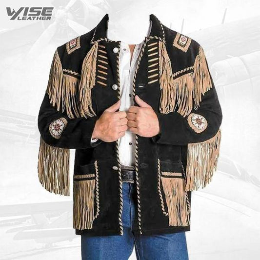 Men’s Western Coat Cowboy Suede Leather Jacket with Fringes Black - Wiseleather