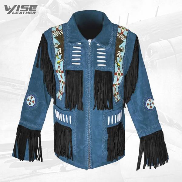 Men’s Western Coat Cowboy Suede leather jacket with Fringes Blue - Wiseleather