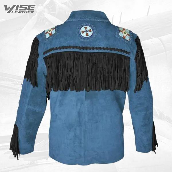 Men’s Western Coat Cowboy Suede leather jacket with Fringes Blue - Wiseleather