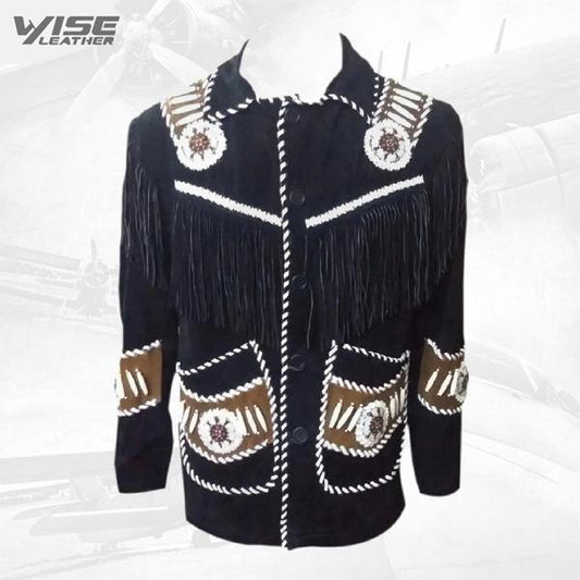 Men’s Western cowboy suede leather jacket with Fringes Black - Wiseleather