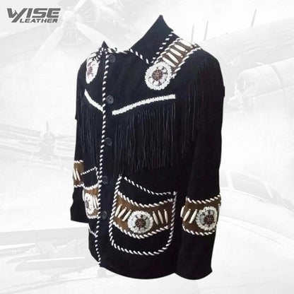 Men’s Western cowboy suede leather jacket with Fringes Black - Wiseleather