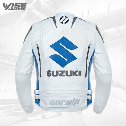 Men's White Suzuki MotoGP Motorbike Racing Leather Jacket