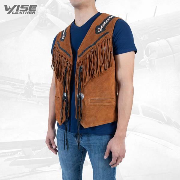 Men exclusive fringes leather vest Picco pure suede leather western style - Wiseleather