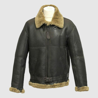Mens B3 Bomber USAF WWII Pilot Real Sheepskin Shearling Black Leather Jacket