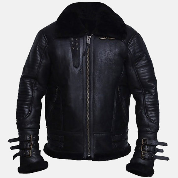 Mens Black Shearling Biker Leather Jacket