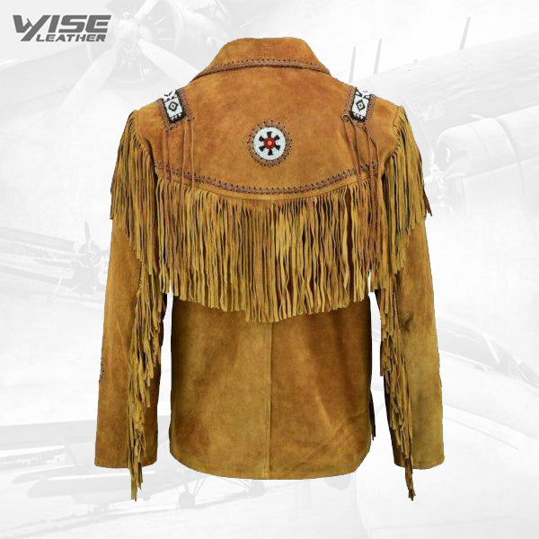 Mens Brown Classic Western Suede Leather Jacket With Beads Fringes Indians