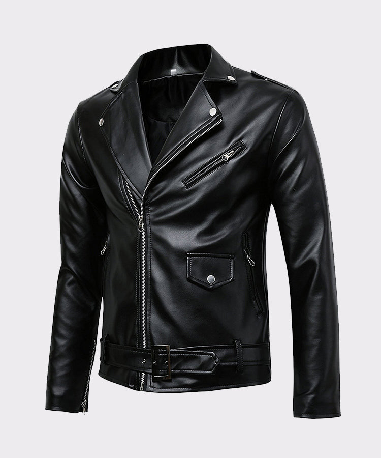 Mens Classic Police Style Real Leather Motorcycle Jacket